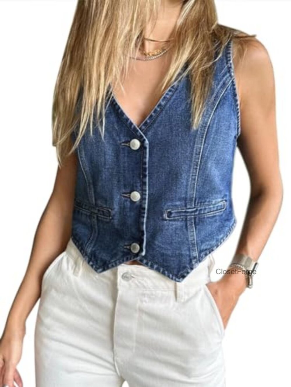 Premium Denim Vest Sleeveless V Neck Button Down Crop Top Y2K